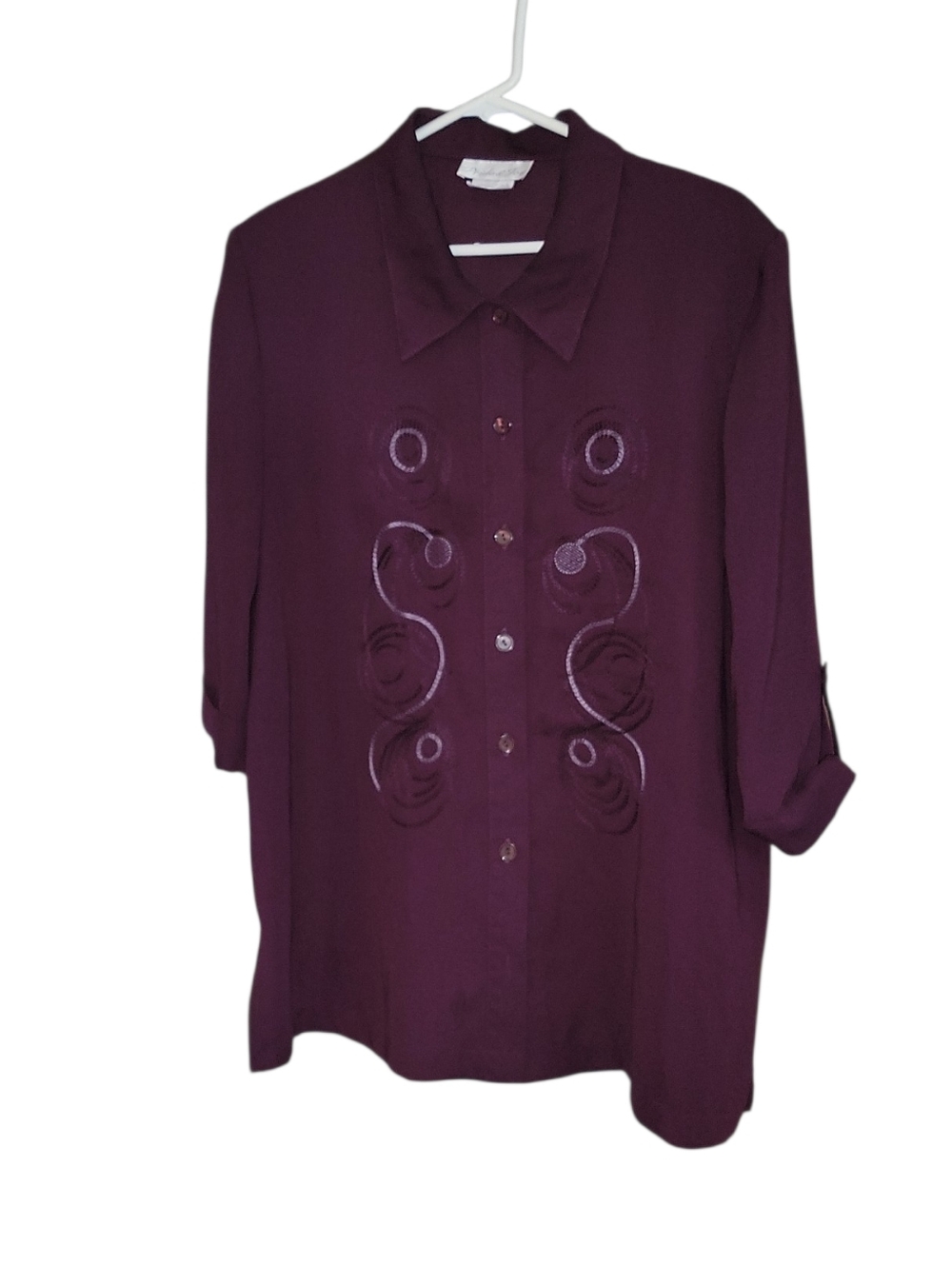 Classic Button-Front Blouse in Deep Plum with Embroidered Detail Size 18WP
